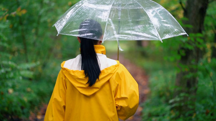 Девушка в желтой куртке под дождем